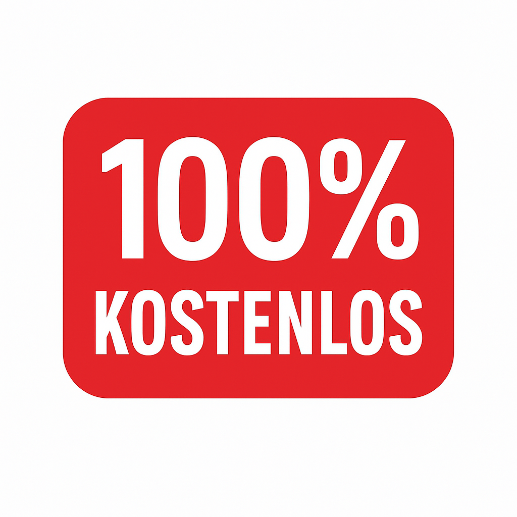 Rotes Rechteck mit weißem Text "100% KOSTENLOS".